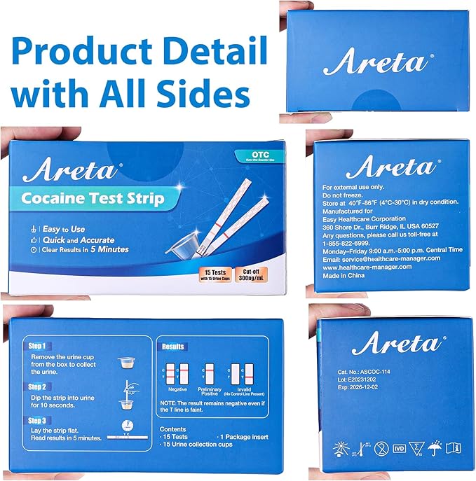 Areta Cocaine Test Strip: Cocaine Drug Test Single Panel Urine Screen Kits, 15 Pack Instant Accurate Home Cocaine Tests Coke Dipstick with Cups, 300 ng/mL Cutoff -ASCOC-114