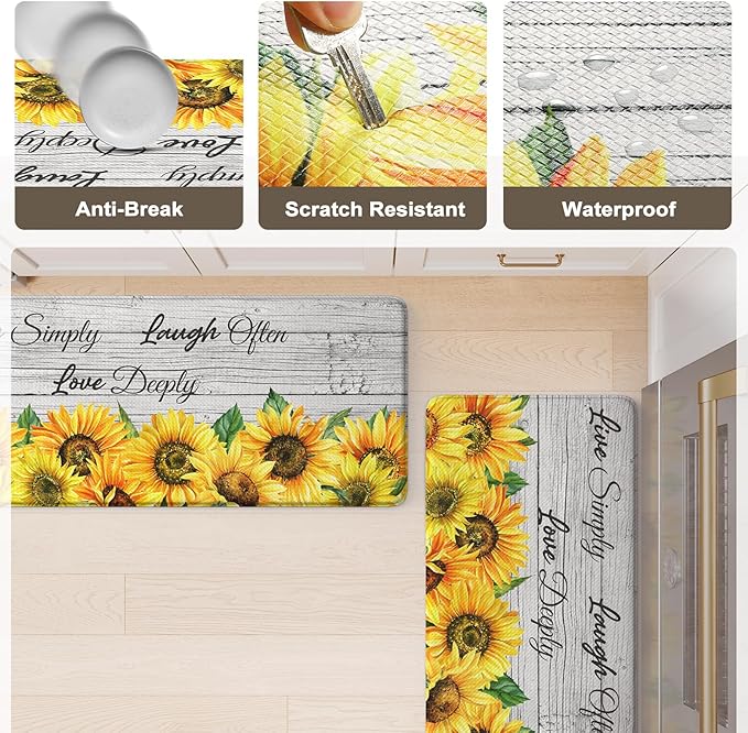 KIMODE Anti Fatigue Kitchen Mat, Farmhouse Sunflower Kitchen Rugs Sets of 2, Kitchen Floor Mats Non-Slip Cushioned, Comfort Kitchen Mats for Floor Sink, Laundry, Desk White 17"x47"+17"x29"