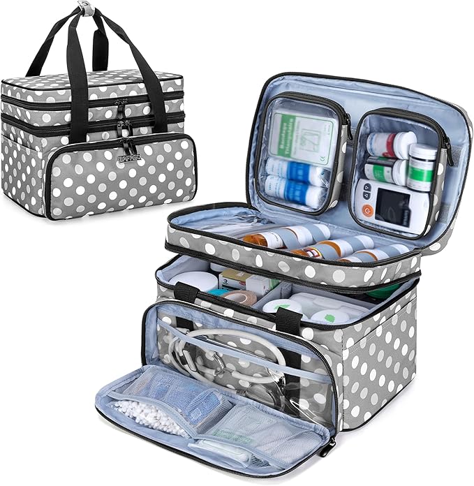 BAFASO Double Layer Medicine Bag with 2 Detachable Pouches, Pill Bottle Organizer for Travel and Daily Use (Bag ONLY), Polka Dots