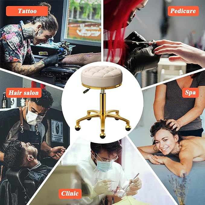 Rolling Stool Gold Vanity Stool with Wheels, Pedicure Massage Roller Stools, PU Leather Round Swivel Salon Spa Chair, Titanium Gold Base, Height Adjustable 43-55 cm (Off White)