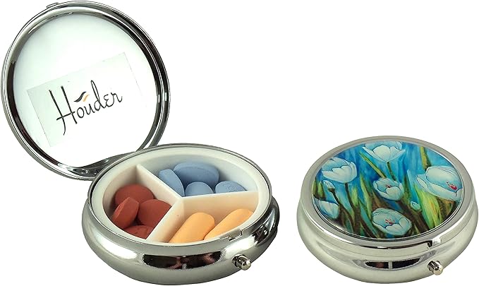 Designer Pill Box by Houder - Decorative Pill Case with Gift Box - Carry Your Meds in Style (Tulips)