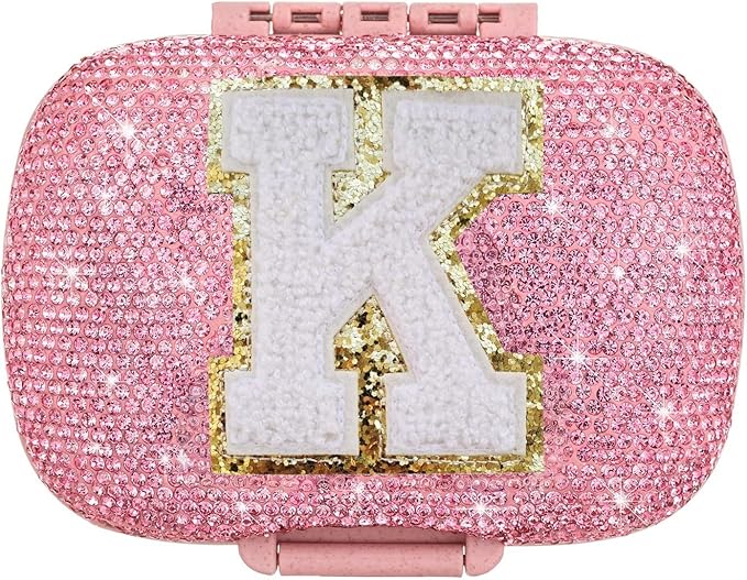 Cute Pill Organizer Small Bling Pill Case for Purse Medicine Vitamin Container Holder Daily Pill Box Container for Women Travel Medicine Kit(Letter K Pink)