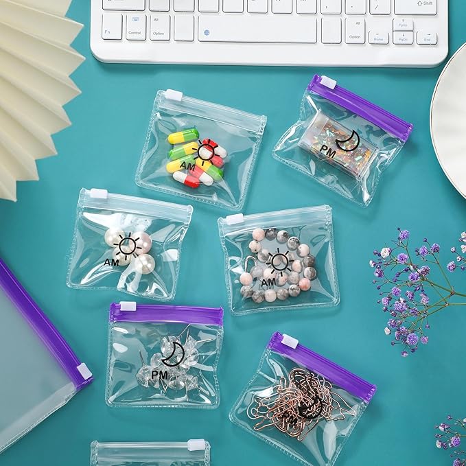Colarr 14 Pcs AM PM Pill Pouches Bags Reusable Zippered Day and Night Pill Organizer with Slide Lock for Travel Medicine Case, 1 Large 14 Small(Clear, Purple)