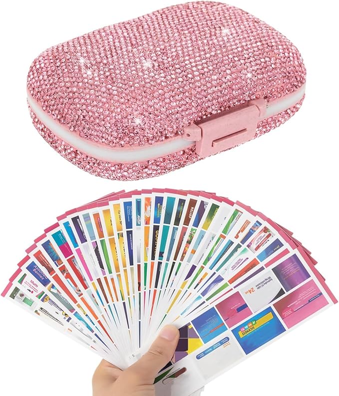 Pill Organizer with Labels Bling Pocket Pill Case with Stickers Travel Medicine Kit Holder Small Purse Pill Box Container Portable Mini Medication Storage (Pink & 300 Labels)