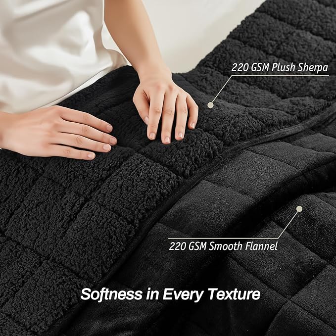 Sherpa Fleece Adult Weighted Blanket, 15 Pounds Dual Sided Soft Plush Blanket for Couch Bed Sofa, Heavy Thick Blankets with Glass Beads Great for Sleep, 48 x 72 inches, Black on Both Sides
