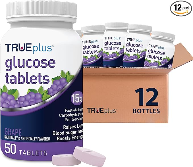 TRUEplus Glucose Tablets, Chewable, Grape Flavor, 15g Fast-Acting Carbohydrates, Fat Free, Gluten Free, Raise Low Blood Sugar and Boost Energy, 50 Count, 12 Bottles