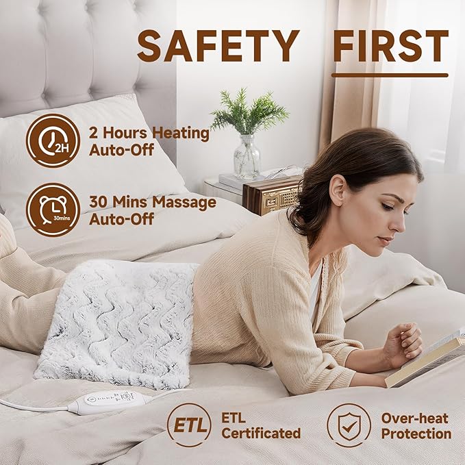Heat Massaging Weighted Heating Pad for Back Pack, Weighted Electric Heating Pad with Massaging Vibrations 3.7lb Non-Toxic Beads 4 Heat Settings 4 Massage Modes 2h Auto-Off (Grey White, 12"x24")