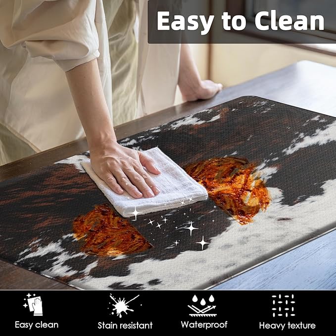 Arttown Brown Anti-Fatigue Kitchen Rug Set of 2 Cow Bull Farm Cushioned Floor Standing Mat Waterproof Non-Slip Mat and PVC Ergonomic Comfort Foam Rug