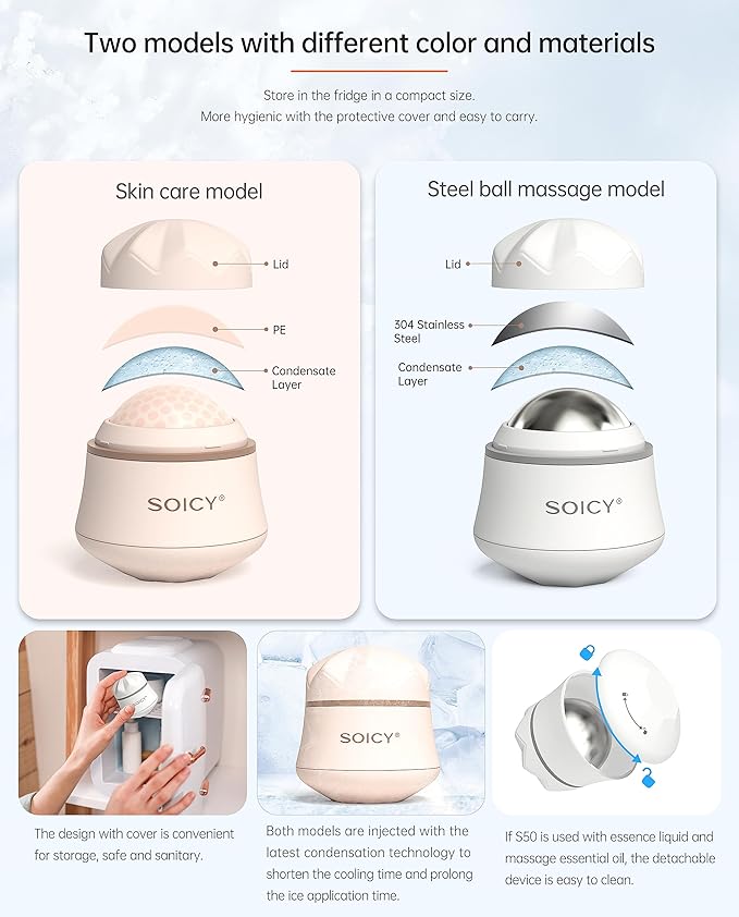 Cooling Face Roller Metal Ice Roller for Home Use 360 Degree Rotate Frozen Face Ice Roller for Eye Steel Ball Massager Skin Clam Roller Travel Beauty Tool-White