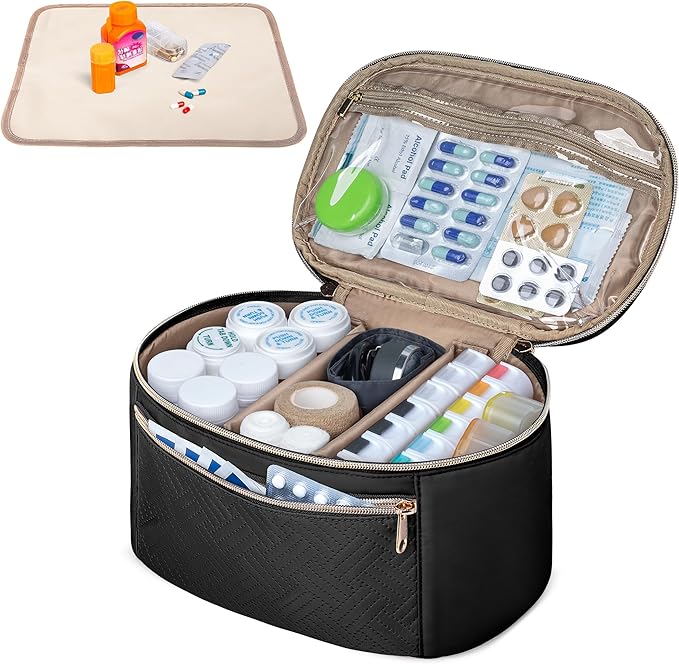 Fasrom Pill Bottle Organizer, Medicine Bag with Waterproof Mat & Adjustable Divider, Travel Carrying Case for Pills, Vitamins, Medical Supplies, First Aid Bag for Home Storage, Travel, Black