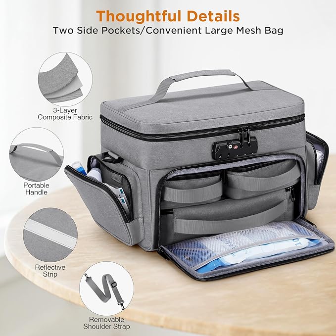Zannaki Medicine Bag with 3 Removable Pouches, First Aid Bags Empty with Combination Lock, Double Layers Pill Bottle Organizer with Shoulder Strap, Large Medication Travel Storage for Medical Supplies
