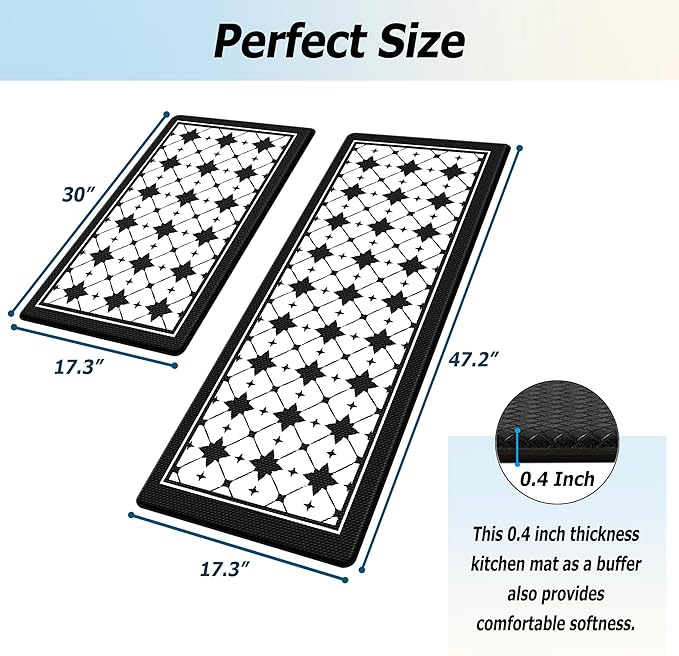 Artnice Kitchen Mat 2 PCS, Black White Plaid Cushioned Anti-Fatigue Kitchen Rug, Waterproof Non-Slip Kitchen Mats and Rugs, Heavy Duty Ergonomic Comfort Rug for Kitchen, Floor, Office, Sink