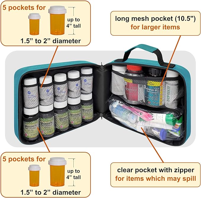 Large Pill Bottle Organizer - 10 Pockets Medicine Bag for Travel & Home Storage - Turquoise