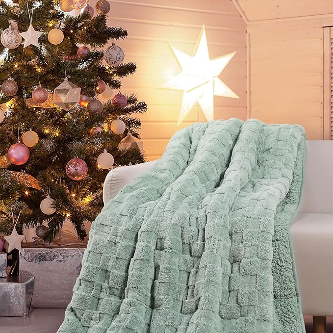 Drewin Weighted Blanket Full Size 15 Pounds, Ultra-Soft Fluffy Jacquard Sherpa Weighted Blankets for Couch Bed, Cozy Heavy Blanket for Winter, 48 x 72 inches, Sage Green