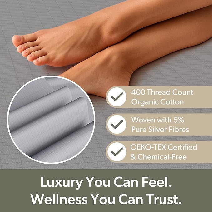 Grounding Sheet (Organic Cotton with Silver Fibres), Deep Sleep, Recovery & Sleep Optimisation, Grounded Bed Sheet for Natural Sleep Therapy, Breathable Fitted Sheet, Deep Pocket, Queen, Gray