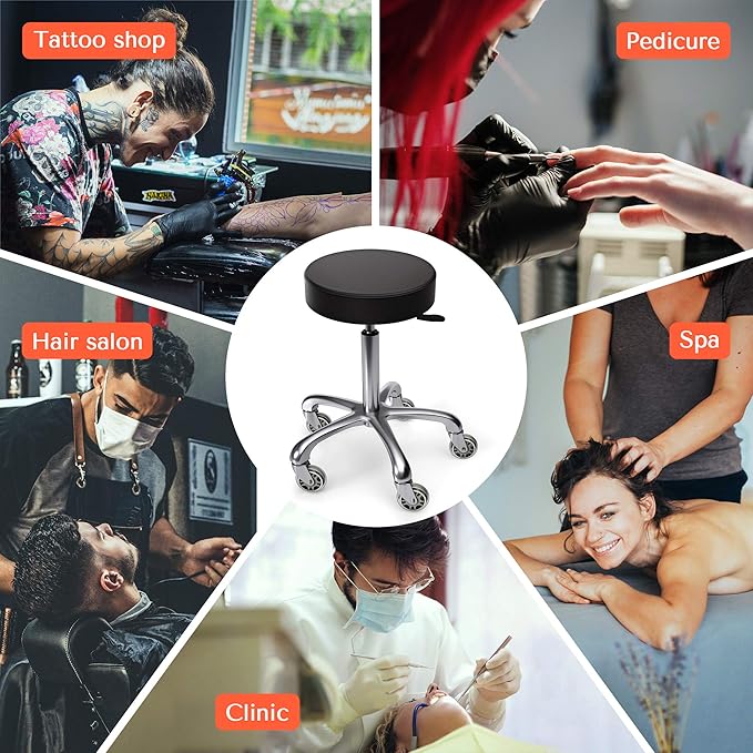 TASALON Rolling Stool - Adjustable Stool with Wheels - Soft Swivel Workbench - Desk Chair for Kitchen, Salon, Spa, Tattoo, Pedicure - Massage Salon Esthetician Chair – Black