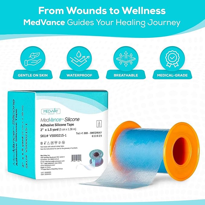 Medvance Cuttable Soft Silicone Tape - Waterproof Breathable Tape for All Skin Types - Easy Apply Non Stick Tape for Wounds - Adhesive Silicone Bandages for Blisters (3 Pack, 5 Feet Rolls)