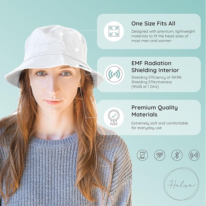 Halsa EMF Protection Hat Bucket Hat, Summer Sun Hat. White. Small/Medium Size.