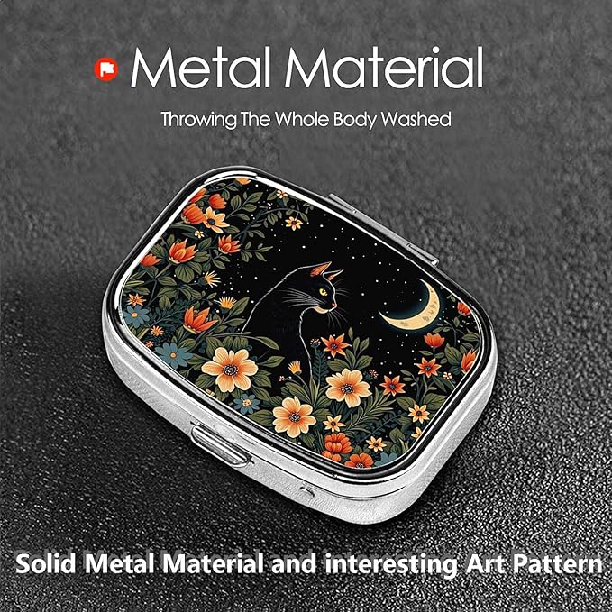 ABLESKY Pill Box, 2 Compartment Pill Organizer Case for Pocket or Purse, Small Portable Metal Travel Medicine Box with Mirror, Daily Vitamins Fish Oil Container-Cat and Moon Forest Floral