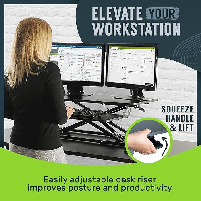 TechOrbits Standing Desk Converter - 32 Inch Adjustable Sit to Stand Up Workstation, Particle Board, Dual Monitor Desktop Riser with Keyboard Tray, for Home Office Laptop, Black 32"