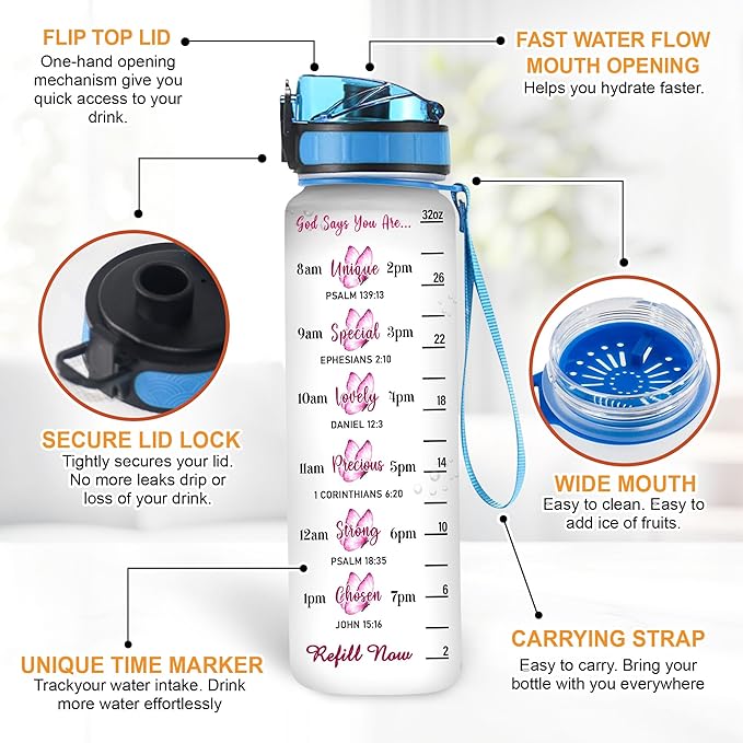 Hyturtle Personalized Christian Water Bottle - 32oz Motivational Water Bottle with Leak-Proof Lid Time Marker - Custom Name Gift for Butterfly Butterfly Lovers Women Girls On Birthday Christmas