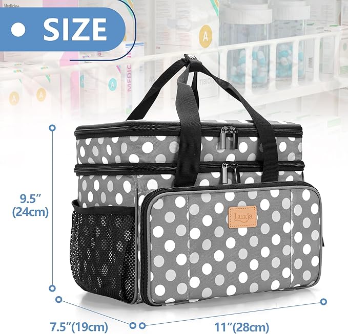 LUXJA 2 Layers Medicine Bag with Detachable Divider, Pill Bottle Organizer Suitable for Home or Travel Use, Gray Dots