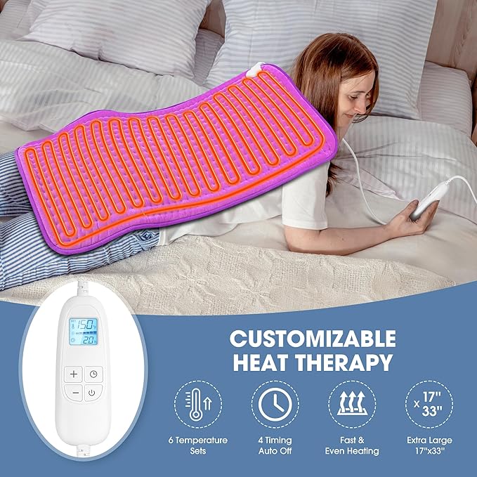 FluffyWarmth Electric Heating Pad for Back, Extra Large 17''x 33'' XXXL for Full Body,Menstrual Period Cramps,Neck Shoulder Back Pain Relief, 6 Heat Settings 4 Timers Heating Pad, Gifts for Women Men