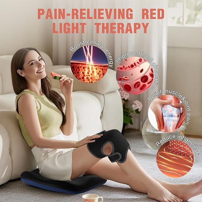 Red Light Therapy & Vibration Massage Knee Brace, 660nm&850nm Near Infrared Light Therapy, Heated Knee Massager for Pain Relief, Heated Knee Wrap for Knee Joint Elbow, Heating Pad, Gift for Men Women