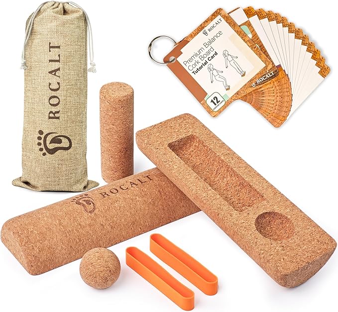 Rocalt Cork Balance Board, Premium Cork 4-in-1 Foot & Ankle Strengthener Kit, Balance Trainer with Massage Roller & Ball, Toe Resistance Bands, Storage Bag & Exercise Guide for Enhance Mobility, Improve Foot Function, Prevent Falls