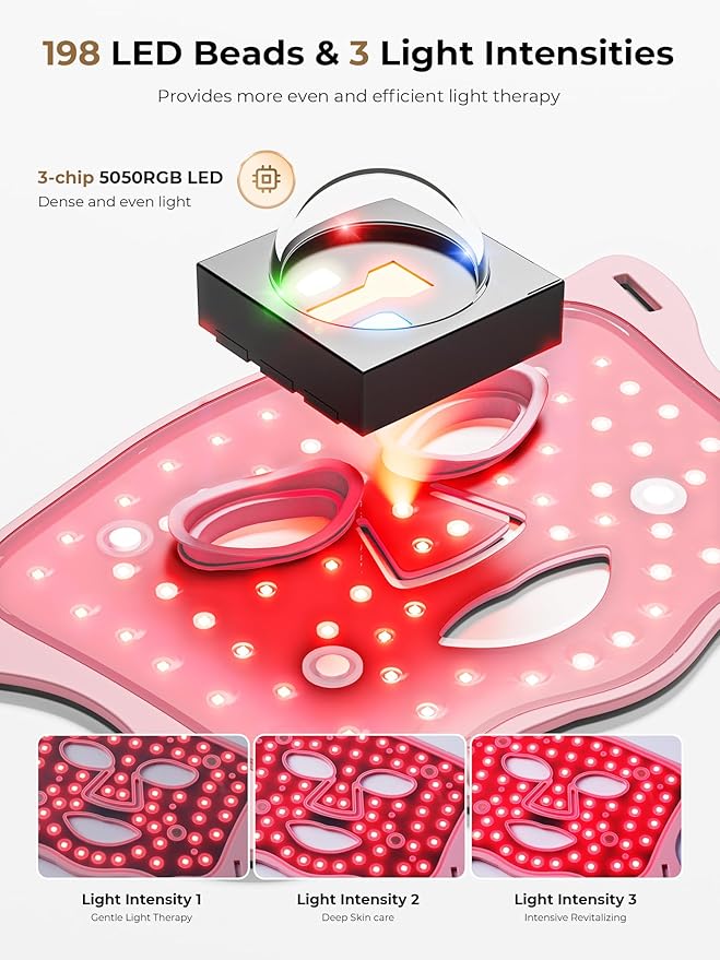 LED Light Therapy mask (E106A) for Face, LED Light Therapy Mask with Adjustable Brightness and Timer, Soft Silicone Red Light Therapy Mask for Home & Travel, Pink