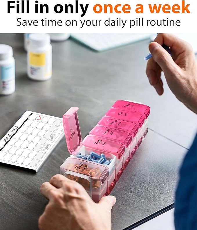 BEXEEN Extra Large Pill Organizer 2 Times a Day, XL Pill Box 7 Day with Big AM/PM Compartments, Fits Large Vitamins, Supplements & Gummies, for 7 or 14-Day Use, Color-Coded, Senior-Friendly, No Spills