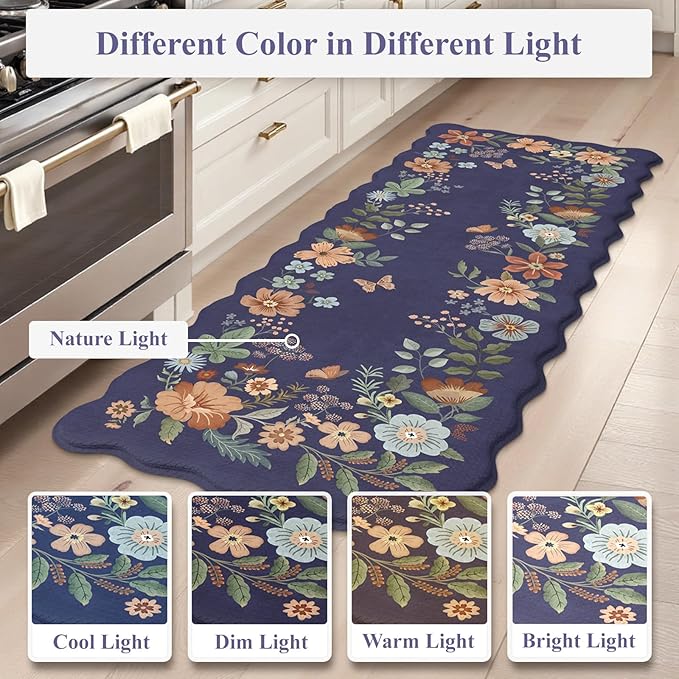 Collive Anti Fatigue Mats for Kitchen Floor, Scalloped Waterproof Kitchen Rugs Sets of 2 Non Skid Floral Desk Rug, Comfort Memory Foam Standing Mat for Office, Sink, Laundry, Blue
