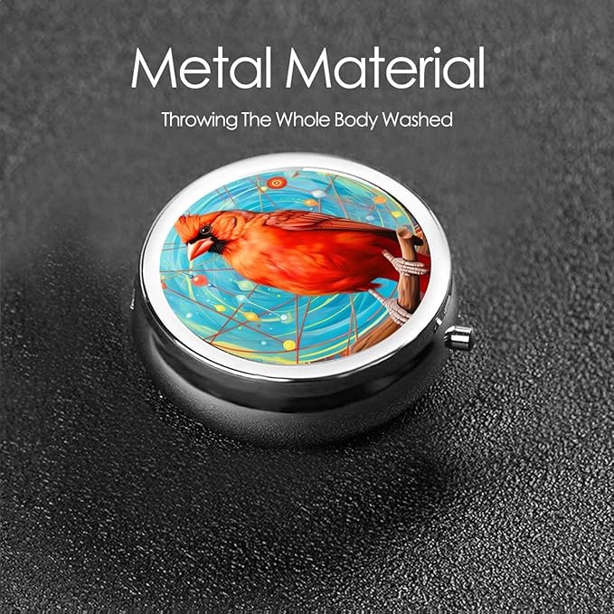 Funny Cardinal Bird Branch Pill Box 3 Compartment Pill Case, Portable Medicine Pill Organizer for Pocket Purse Pill Box Decorative Metal Medicine Vitamin Organizer