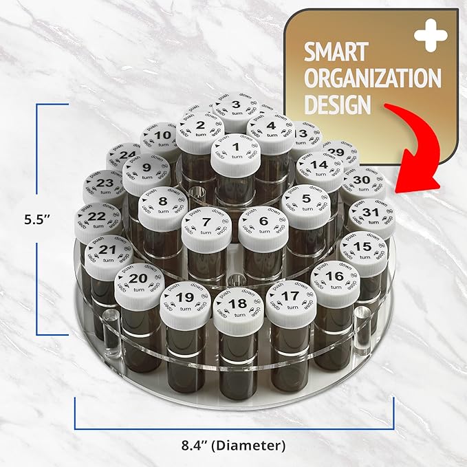 Monthly Pill Bottle Organizer Caddy - 31 Numbered Full-Size Pill Bottles w Child-Proof Lids for Each Day of The Month- Clear Rack and Easy to Use for Daily Dose of Medication Vitamins and Supplements