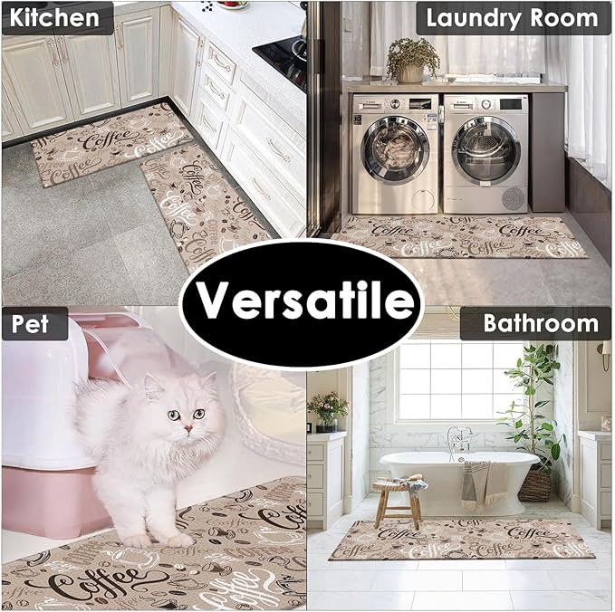 Arttown Coffee Cute Cafe Anti-Fatigue Kitchen Rug Set of 2 Cup Brown Farmhouse Vintage Cushioned Floor Standing Mat Waterproof Non-Slip Kitchen Mat and PVC Ergonomic Comfort Foam Rug