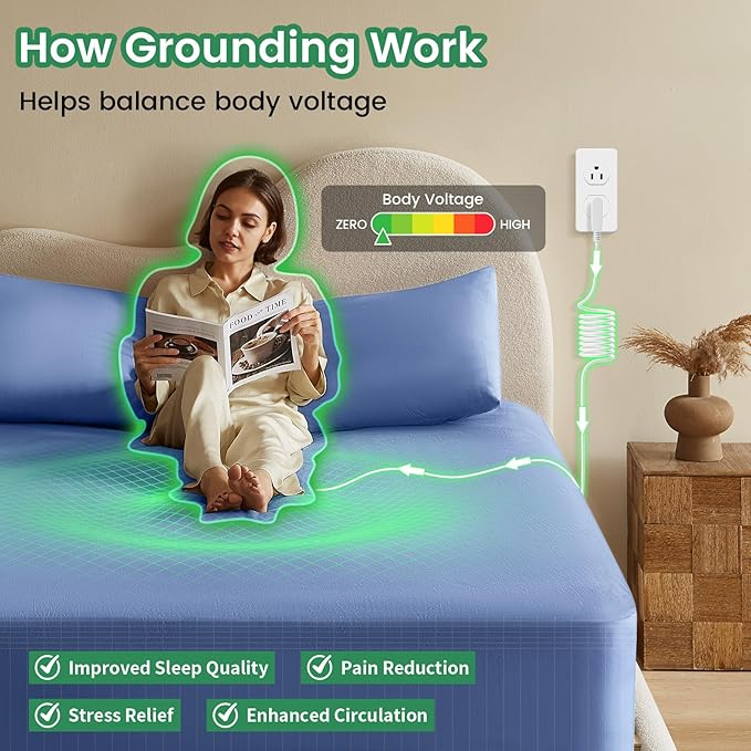 Grounding Sheets, 10% Silver Infused Bed Sheets Grounding Bed Sheets, 90% Organic Cotton Grounded 400 Threads Bedding, Deep Pocket Sheets with Grounding Tester - [Queen - 60"x 80"x 15",Deep Blue]