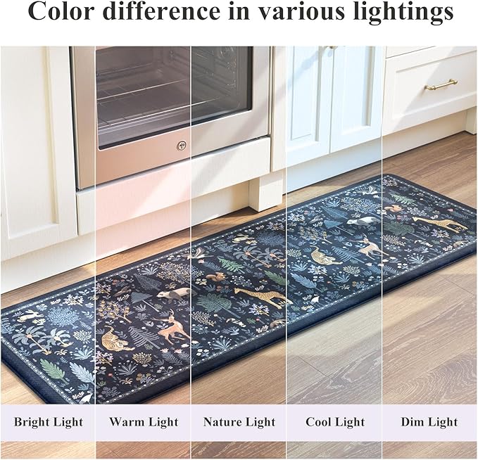 KIMODE Anti Fatigue Mats for Kitchen Floor,Farmhouse Animal Forest Kitchen Rugs Sets of 2 Non Slip,Comfort Cushioned Padded Kitchen Floor Mats for Laundry Sink Office,Dark Blue
