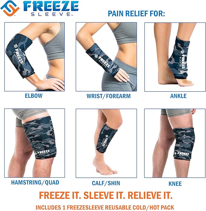 FreezeSleeve Ice and Heat Therapy Sleeve | Reusable Ice Pack Flexible Gel Compression Sleeve for Pain Relief and Recovery of Elbow Knee Ankle Leg Wrist Injuries | Blue Camo Small Medium