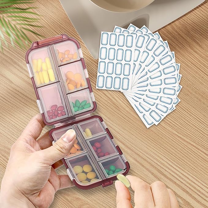 INVODA 12PCS 10-Compartment Pill Organizer BPA-Free Travel Pill Case with Daily Labels Portable Medicine Box for Vitamins, Supplements & Jewelry