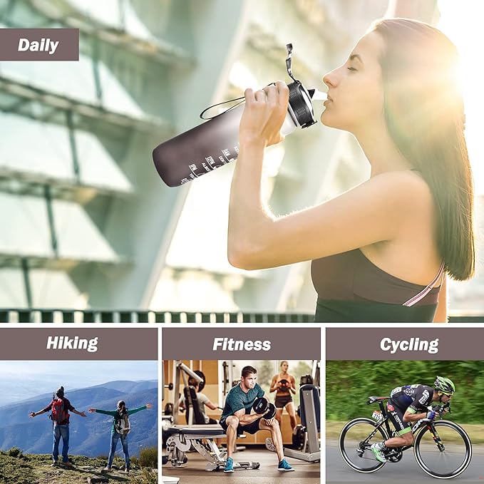 Motivational Water Bottle with Time Marker - 32oz, Leak-proof BPA Free Sports Water Bottles with Straw & Carrying Strap