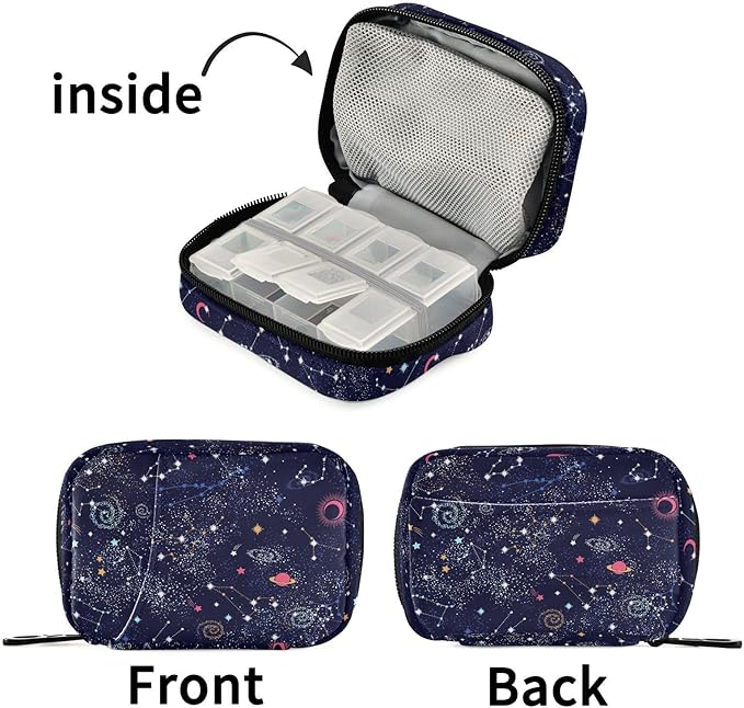 Ollabaky Galaxy Pill Case Butterfly 7 Day Pill Organizer Galaxy Travel Pill Case Portable Weekly Pill Box Bag Container Vitamin Supplement Holder with Zipper for Family Business