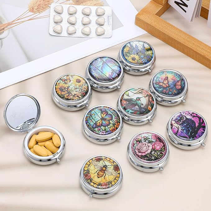 Molain 10Pcs Pill Organizer, Pill Box with Mirror, Portable Small Pill Case for Purse or Pocket, Cute Metal Pill Holder for Travel, Vitamins, Medication, Supplements