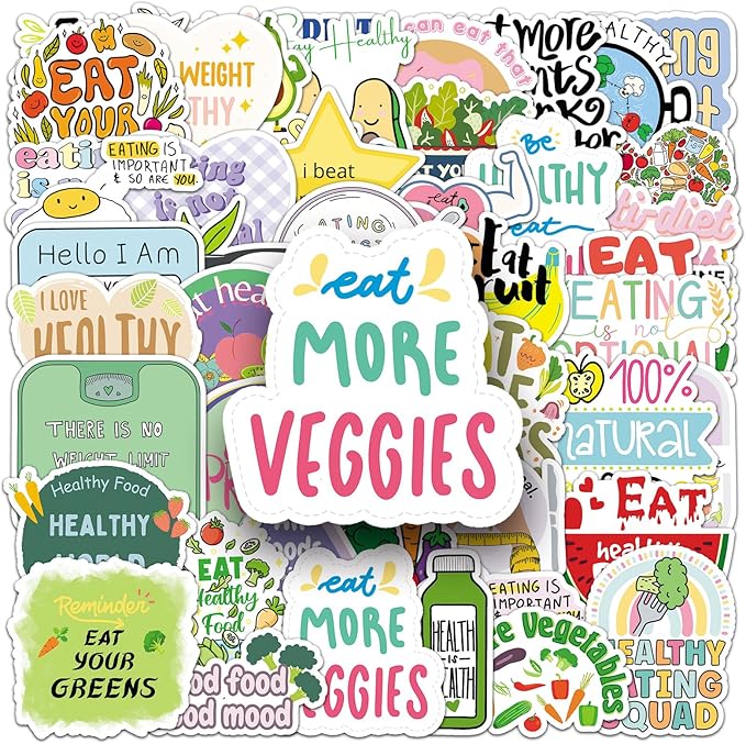 50pcs Healthy Diet Stickers,Healthy Eating Stickers Fruit & Vegetable Meal Decorative Stickers, Self-Adhesive for Scrapbooking, Kitchen Decoration, Weight Loss Plan Recordin