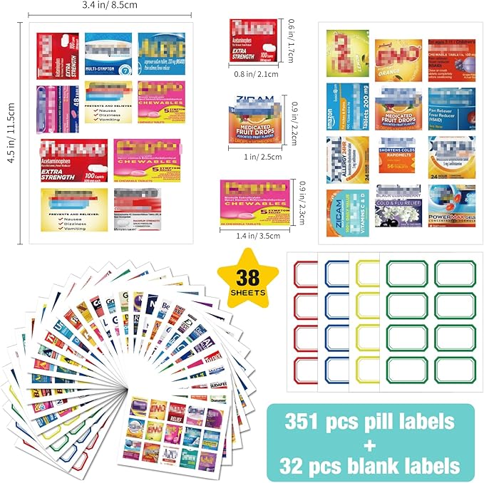 383Pcs Pill Organizer Medicine Labels, Pre-Cut Medicine Stickers Travel Daily Pill Container Labels with 34 Sheets Pill Box Lables Pill Organizer Stickers of Brands+4 Sheets Blank Stickers(351+32PCS)