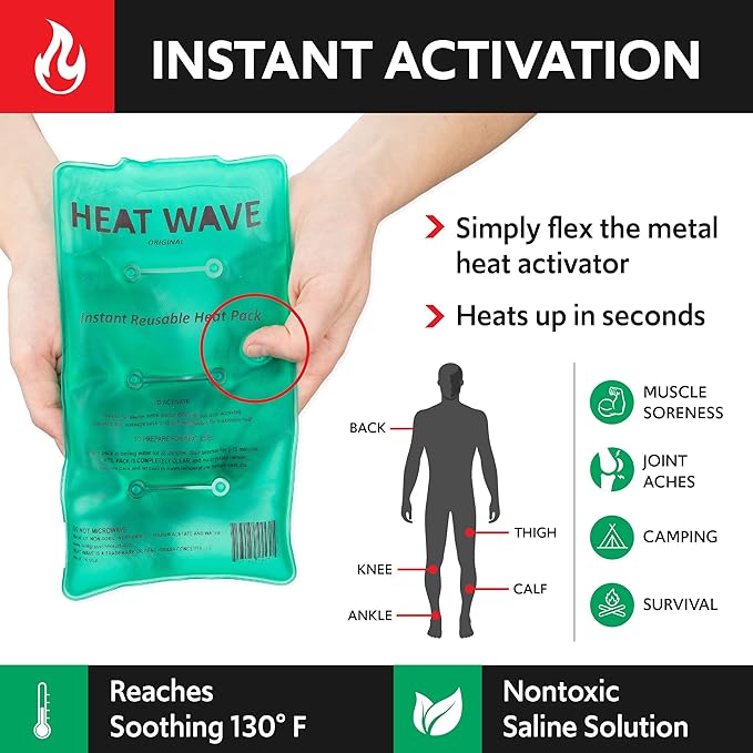 HEAT WAVE Instant Heat Packs Medium (5×9”)- Medical Grade Reusable Green 1-Pack Fast and HOT - Made in USA for Muscle Aches, Back, Arm, Shoulder, Pain Relief, Warmth on The Go; Heating Pad Click Heat