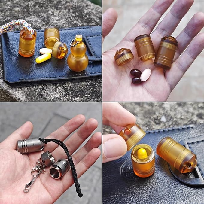 Titanium PEI Pill Container with Keychain & Necklace,Waterproof Pill Box, EDC Portable Pill Container for Portable Mini Size Pill Box Case for Outdoor Travel Camping (PEI-Cylinder)