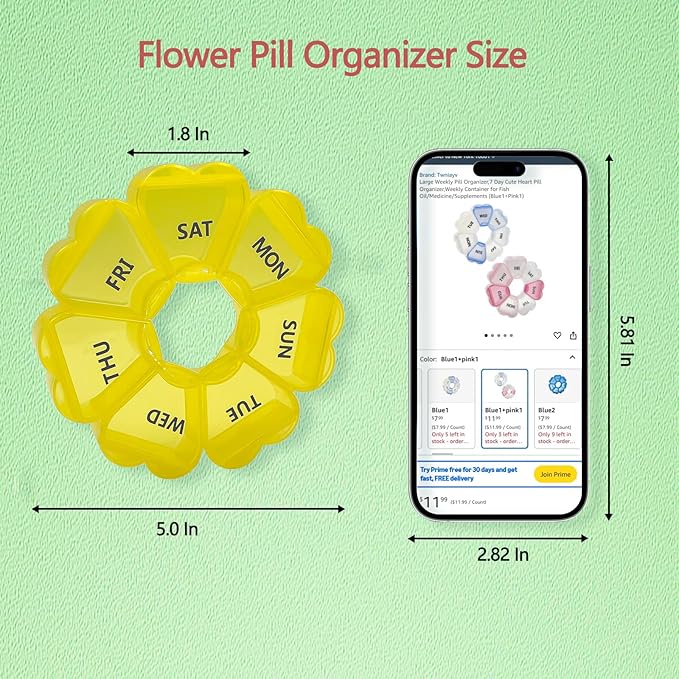Large Weekly Pill Organizer,7 Day Cute Heart Pill Organizer,Weekly Container for Fish Oil/Medicine/Supplements (Yellow2+Purule2)