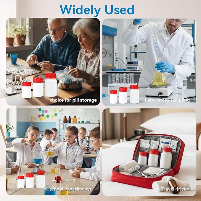 4 Pack Small Empty Plastic Bottles for Pills - Travel Medicine Containers with Lids & Labels, Portable Daily Organizer Storage for Vitamins, Medication Essentials
