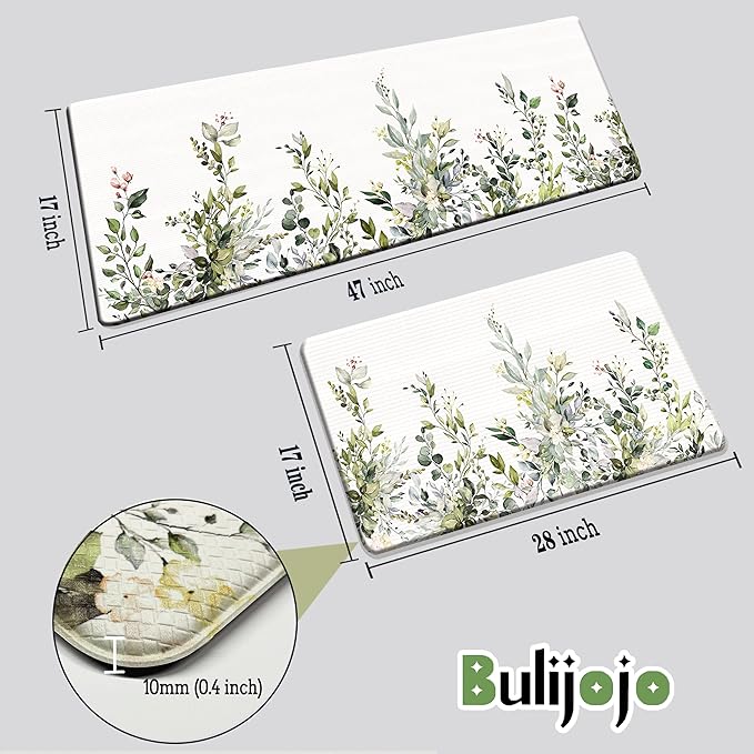 Bulijojo Green Eucalyptus Anti Fatigue Kitchen Floor Mats Set of 2 Waterproof Kitchen Sink Runner Rug Standing Mat Cushioned Kitchen Rugs Comfort Doormat 17"x47"+17"x28"