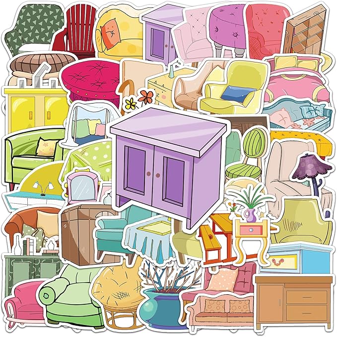 50pcs Furniture Stickers, 1.96-3.15inch Cartoon Home Decorative Stickers, Self-Adhesive for Scrapbooking, Home Decoration, Storage Embellishment